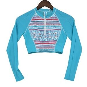 Sunseeker Aqua Green Crop Rash Guard Zip Front Long Sleeve Swim Top only MEDIUM